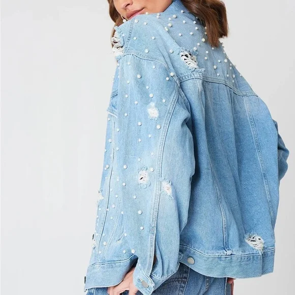 Free People Light Blue Pearl-Studded Distressed Denim Jacket - Picture 2 of 5